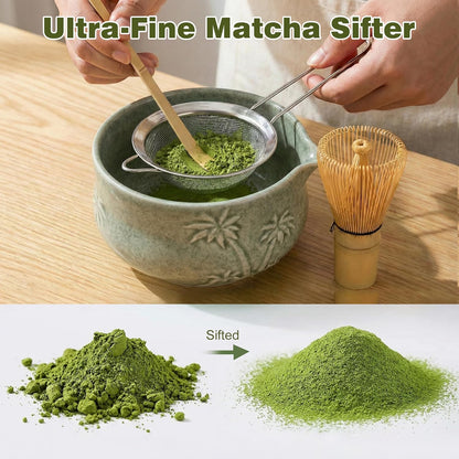 Matcha Whisk Set -7 Pcs Ceramic Matcha Kit Includes Matcha Bowl,Holder,Matcha Sifter, Bamboo Whisk (Chasen),Matcha Spoon and Scoop and Tea Towel,Matcha Kit for Matcha Lovers(Cyan)