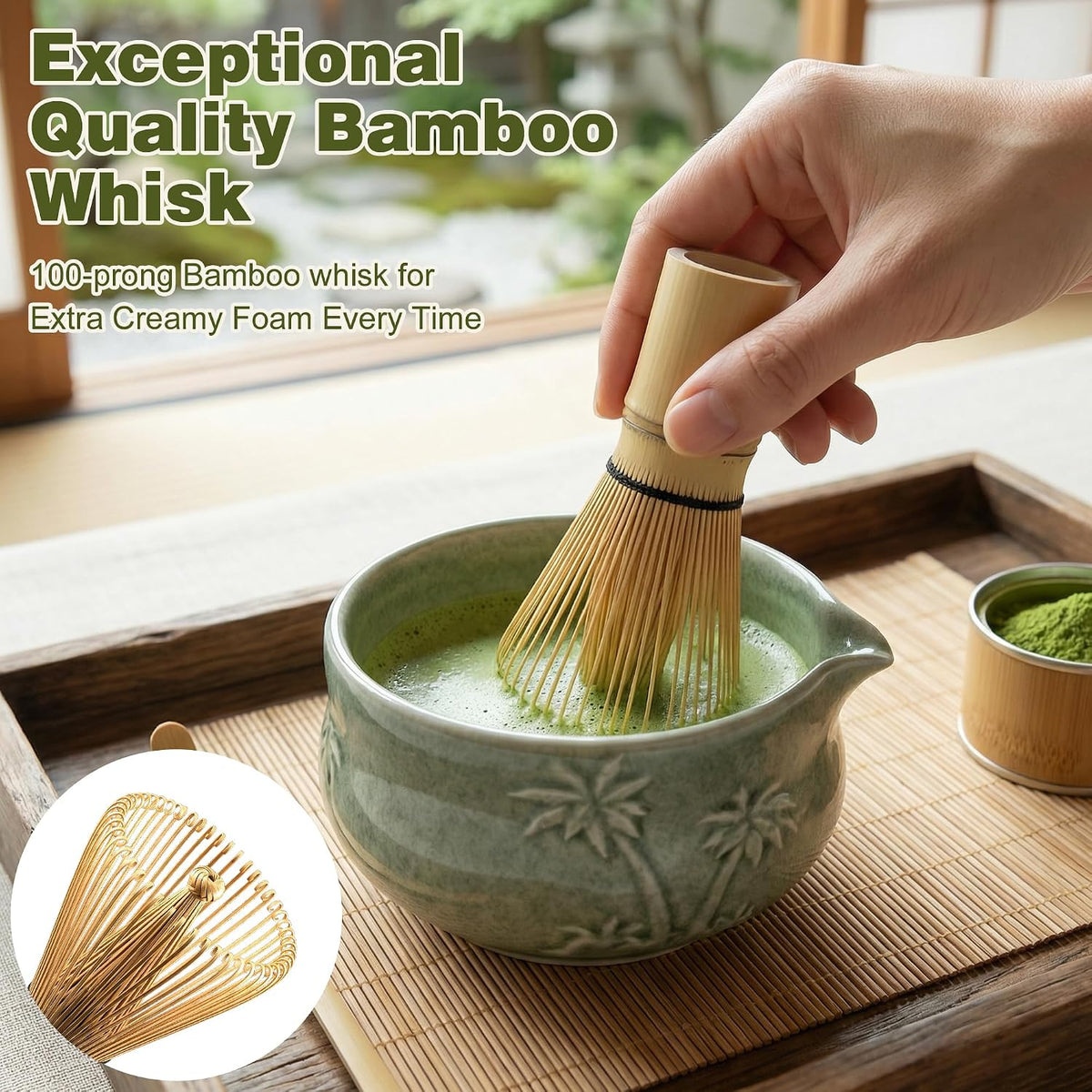 Matcha Whisk Set -7 Pcs Ceramic Matcha Kit Includes Matcha Bowl,Holder,Matcha Sifter, Bamboo Whisk (Chasen),Matcha Spoon and Scoop and Tea Towel,Matcha Kit for Matcha Lovers(Cyan)