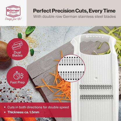 Börner PowerLine Thin Julienne Vegetable Slicer – Precision Mandoline Slicer for Potatoes, Zucchini, & Hard Fruits - Perfect for Vegetable Salad – Essential Kitchen Gadgets - White