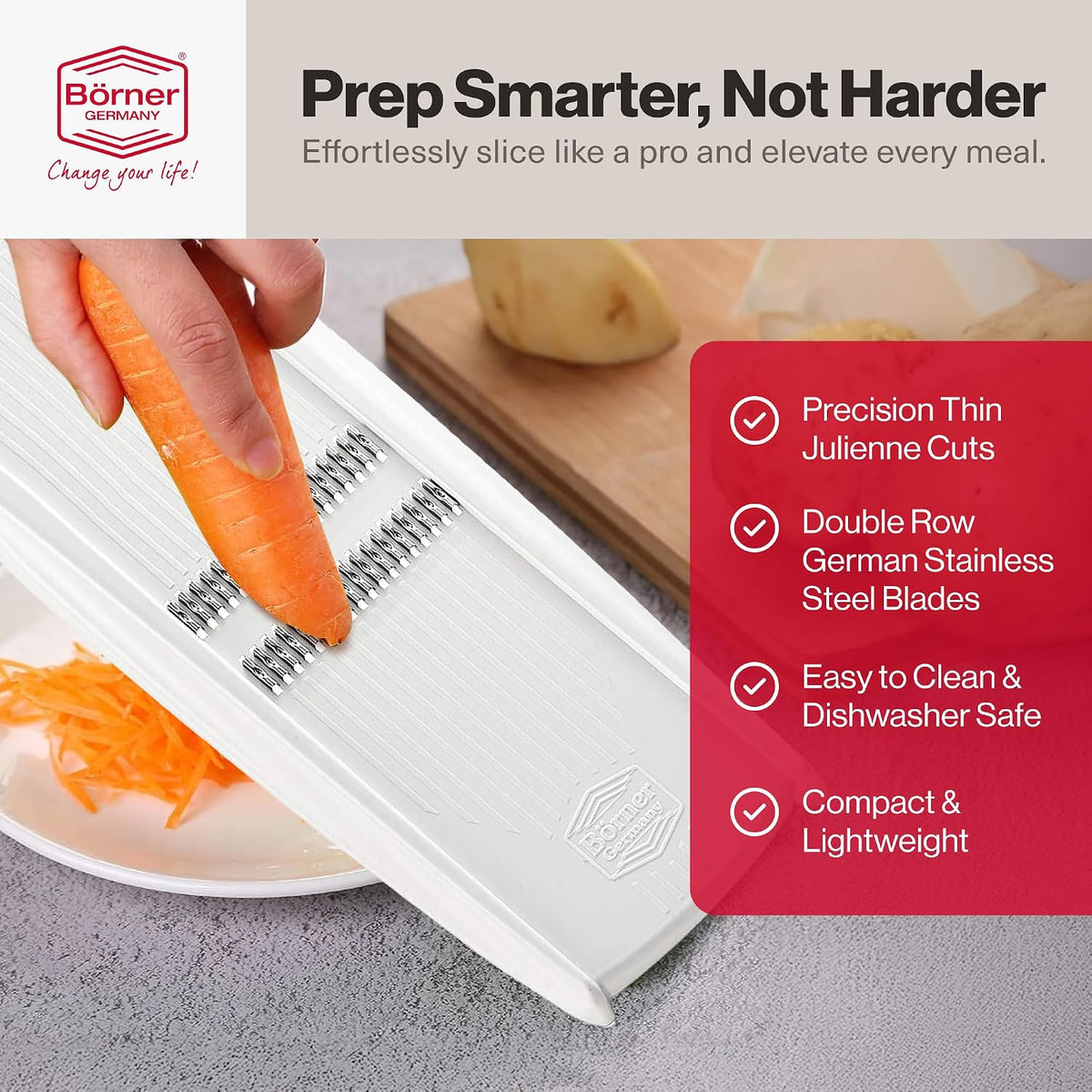 Börner PowerLine Thin Julienne Vegetable Slicer – Precision Mandoline Slicer for Potatoes, Zucchini, & Hard Fruits - Perfect for Vegetable Salad – Essential Kitchen Gadgets - White