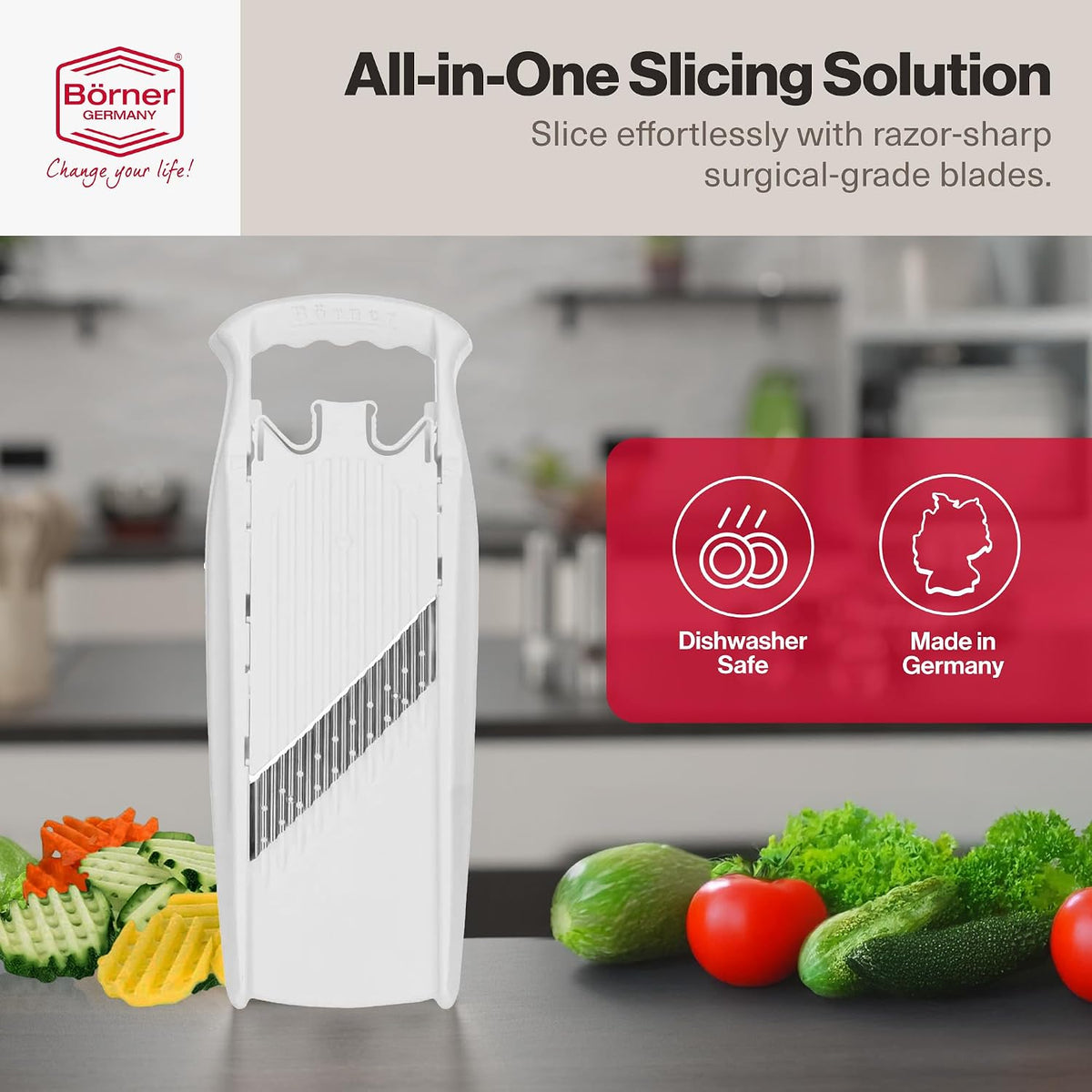 Börner PowerLine Thin Julienne Vegetable Slicer – Precision Mandoline Slicer for Potatoes, Zucchini, & Hard Fruits - Perfect for Vegetable Salad – Essential Kitchen Gadgets - White