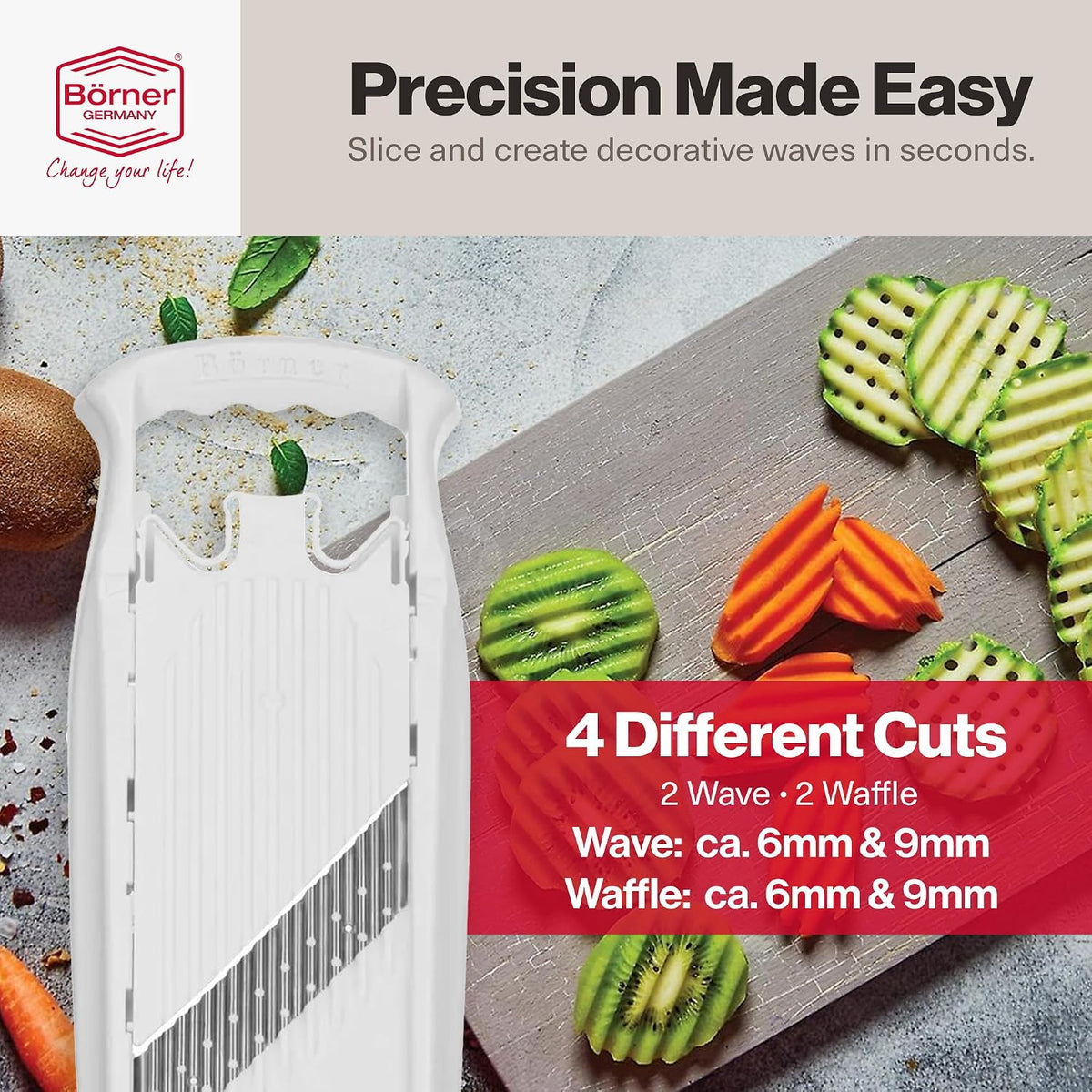 Börner PowerLine Thin Julienne Vegetable Slicer – Precision Mandoline Slicer for Potatoes, Zucchini, & Hard Fruits - Perfect for Vegetable Salad – Essential Kitchen Gadgets - White