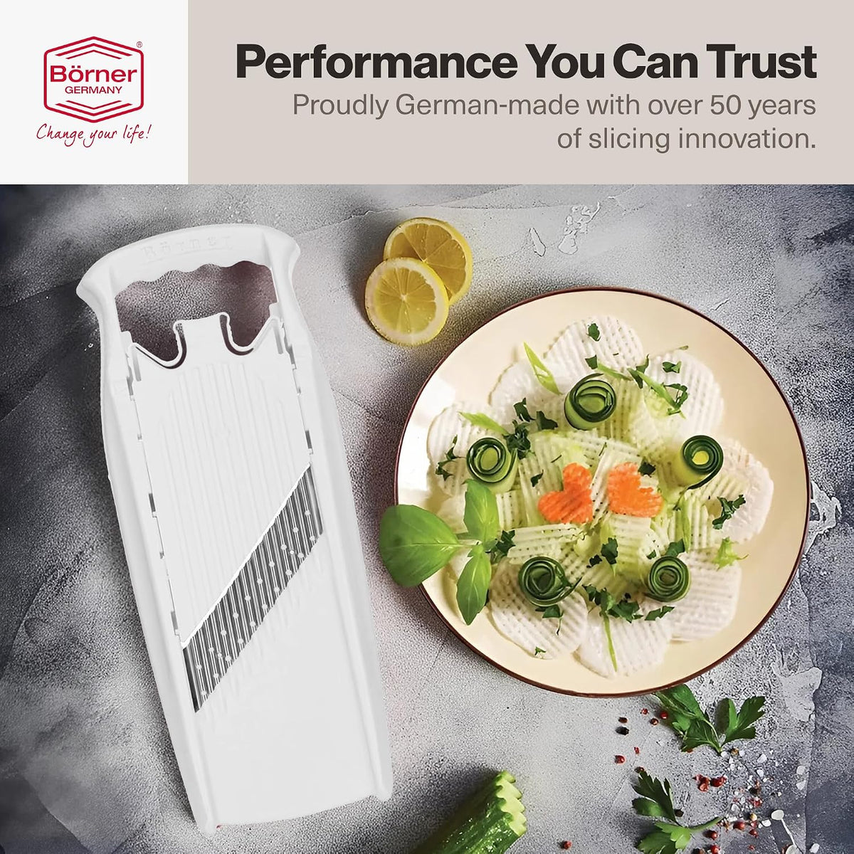 Börner PowerLine Thin Julienne Vegetable Slicer – Precision Mandoline Slicer for Potatoes, Zucchini, & Hard Fruits - Perfect for Vegetable Salad – Essential Kitchen Gadgets - White