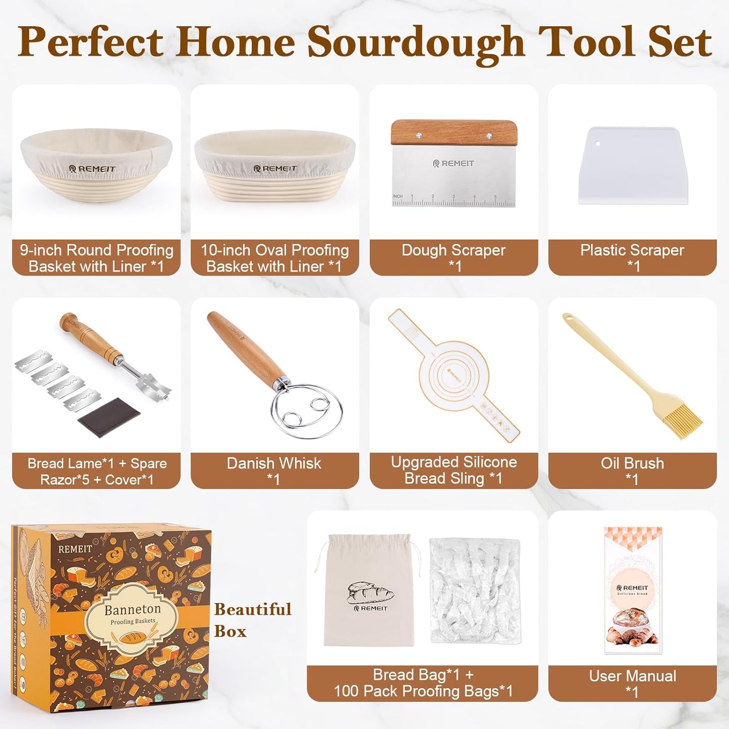 Sourdough Starter Kit with Banneton Bread Proofing Basket Set, 9" Round & 10" Oval Proofing Basket, Sourdough Bread Baking Supplies with Starter Jar, Bread Lame, Dough Whisk and Baking Tools