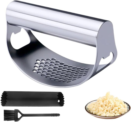 Stainless Steel Garlic Presser, Upgrade Rocker Crusher Masher with Garlic Peeling, 2026 New Portable Manual Stainless Steel Garlic Press for Home Kitchen Utensils (1)