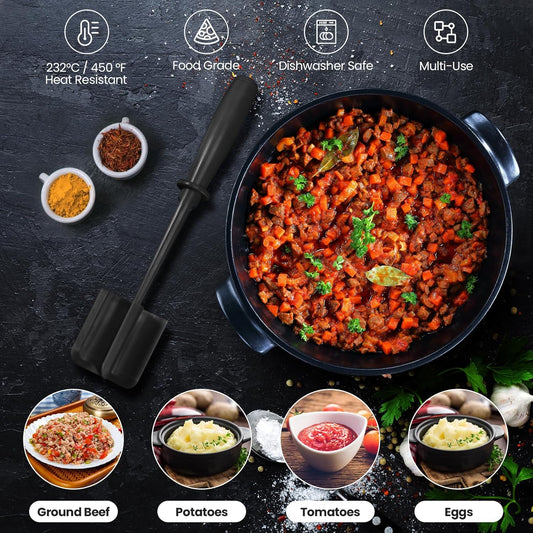 Premium Meat Chopper - 5 Curve Blade Ground Beef Smasher Tool - Heat-Resistant Nylon Meat Masher for Ground Beef, Hamburger, Potatoes - Non-Stick Ground Meat Chopper for Easy Mixing - Black