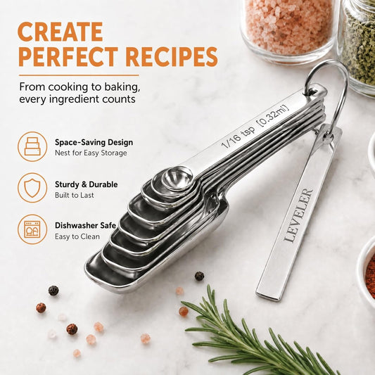 Stainless Steel Measuring Spoons Set of 14 with Leveler, Rectangular Teaspoon & Tablespoon Measuring Spoons for Dry & Liquid Ingredients, Slim Design Fits in Spice Jars
