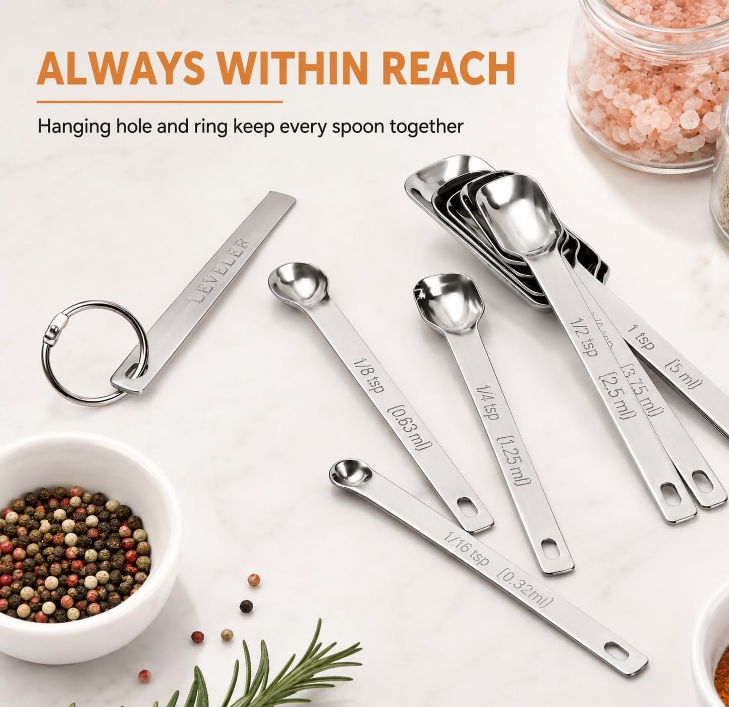 Stainless Steel Measuring Spoons Set of 14 with Leveler, Rectangular Teaspoon & Tablespoon Measuring Spoons for Dry & Liquid Ingredients, Slim Design Fits in Spice Jars