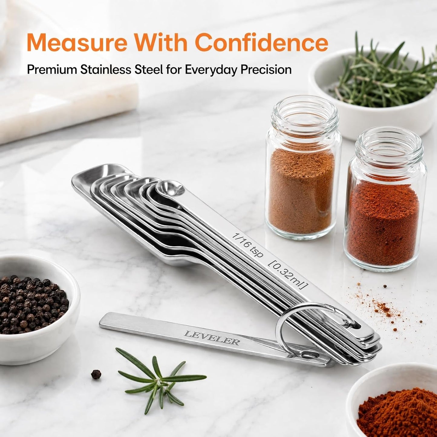 Stainless Steel Measuring Spoons Set of 14 with Leveler, Rectangular Teaspoon & Tablespoon Measuring Spoons for Dry & Liquid Ingredients, Slim Design Fits in Spice Jars