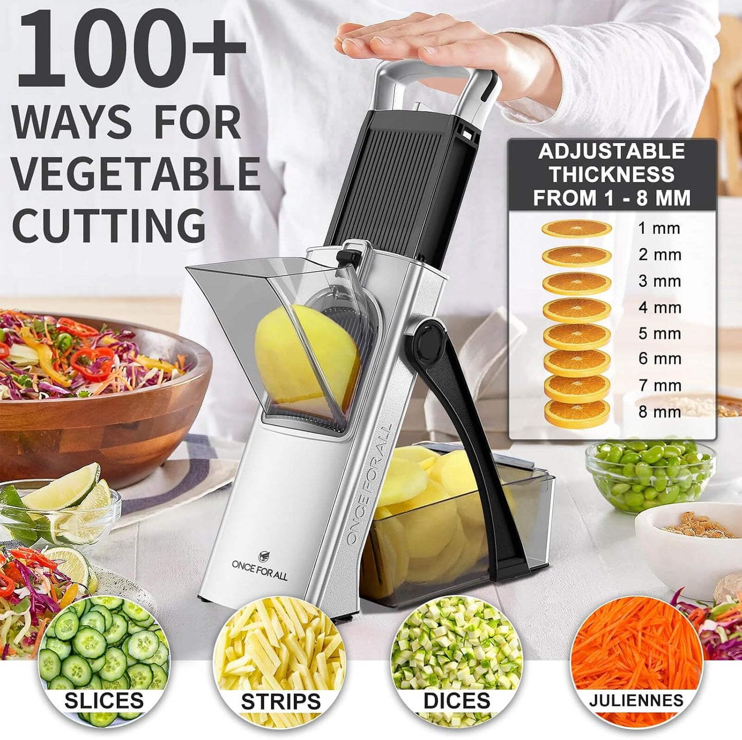 Upgrade Safe Mandoline Slicer Plus, Bigger Size, SkyBlue | 0.1-8mm Adjustable Vegetable Food Chopper, Potato Fries Cutter, Detachable Blade, Stainless Steel, Dishwasher-safe, Gift
