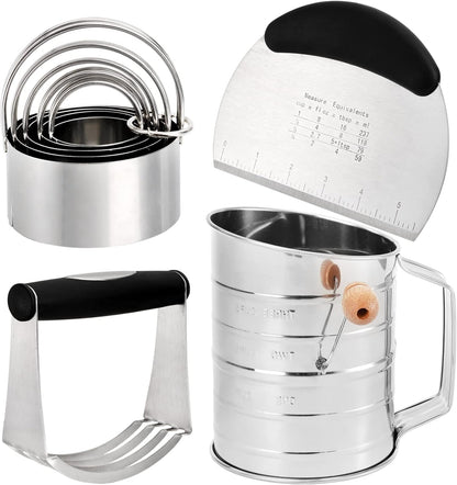 Pastry Cutter, Dough Blender, 3 Cup Flour Sifter and Biscuit Cutter, 8 Pieces Stainless Steel Professional Dough Tools for Baking Cookies and Donuts
