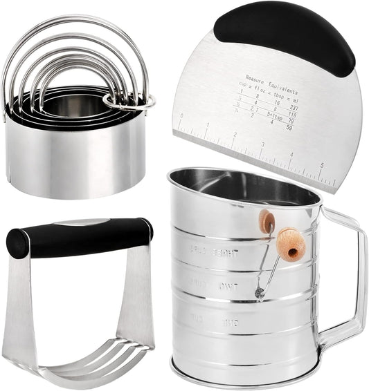 Pastry Cutter, Dough Blender, 3 Cup Flour Sifter and Biscuit Cutter, 8 Pieces Stainless Steel Professional Dough Tools for Baking Cookies and Donuts