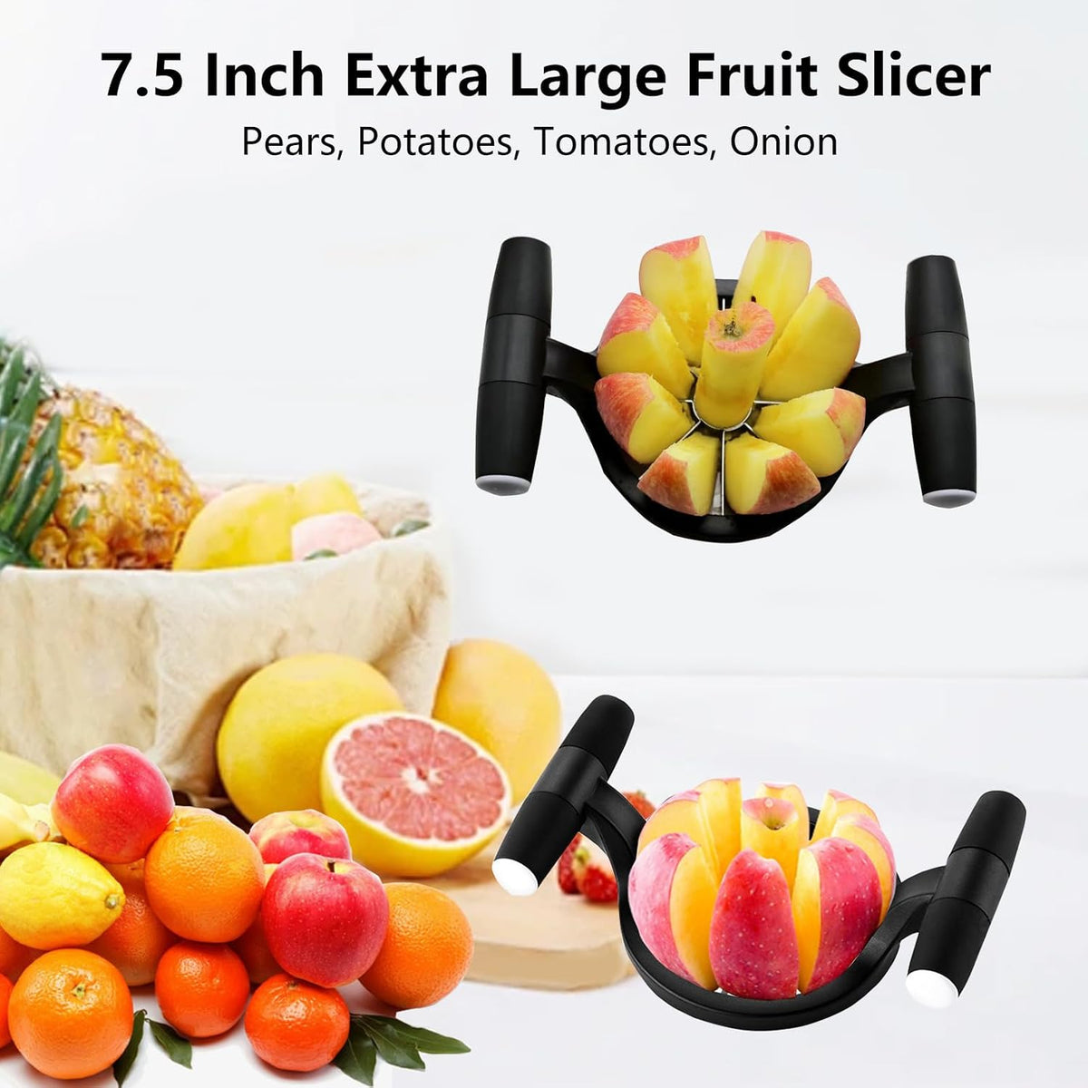 Apple Slicer, 7.5 Inch Extra Large Apple Cutter, 8-Blade Stainless Steel Fruit Slicer, Anti-Slip Rubber Handle for Pears, Potatoes, Tomatoes, Onion