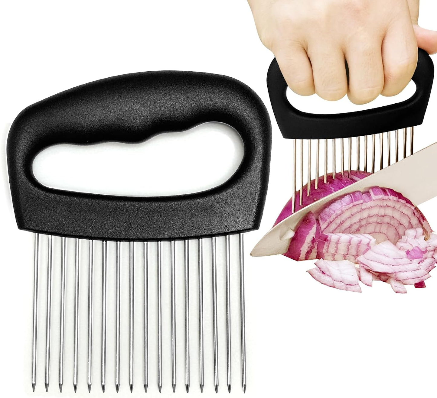 Extra-Large Onion Holder for Slicing, Onion Cutter, Onion Slicer Holder, Stainless Steel Tomato Slicer Vegetable Cutter for Potato, Tomato, Lemon, Meat Tenderizer, Kitchen Food Slicer Guide