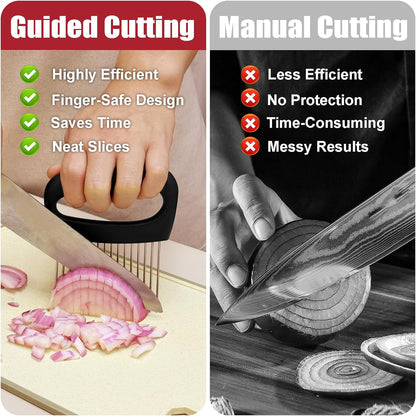 Extra-Large Onion Holder for Slicing, Onion Cutter, Onion Slicer Holder, Stainless Steel Tomato Slicer Vegetable Cutter for Potato, Tomato, Lemon, Meat Tenderizer, Kitchen Food Slicer Guide
