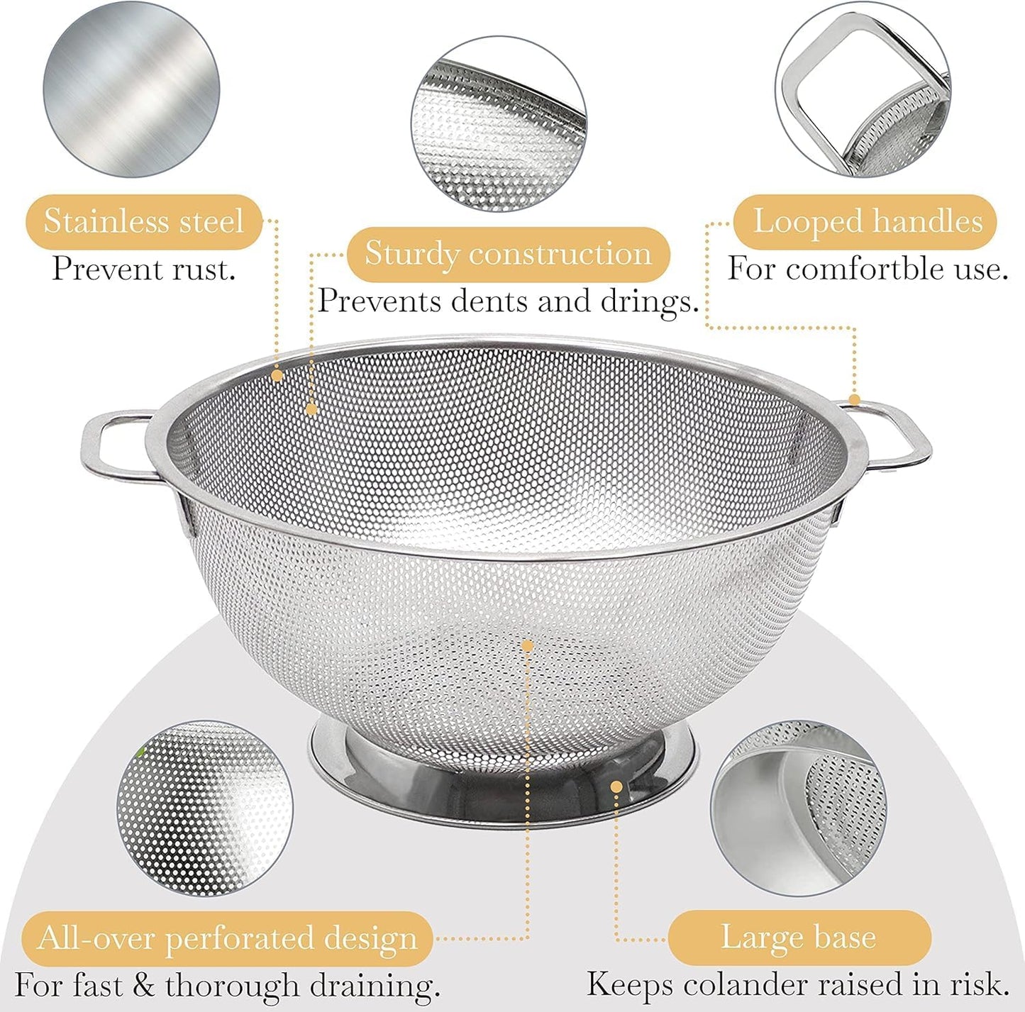 Micro-perforated Stainless Steel Colander-Dishwasher Safe (3 QT and 5 QT)