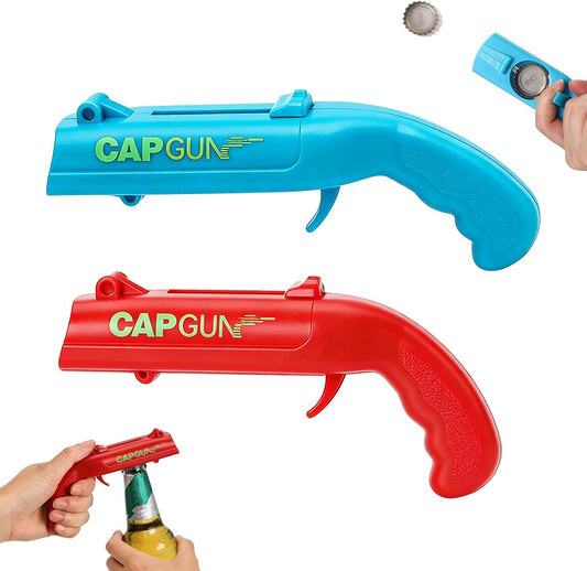 Cap Gun Bottle Opener, 2 Pack Bottle Cap Launcher Shooting Gun, Funny Party Opener for Men, Cool Gadget Present for Him - Blue & Red
