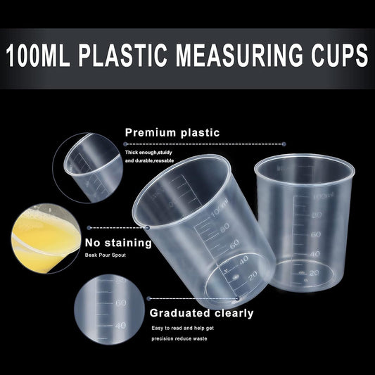 100 Pcs 100mL Plastic Graduated Beakers for Epoxy Resin | Raised 20mL Markings and Tapered Pour Spouts with Reusable Clear Plastic for Resin, Paint, Food, and Lab Use
