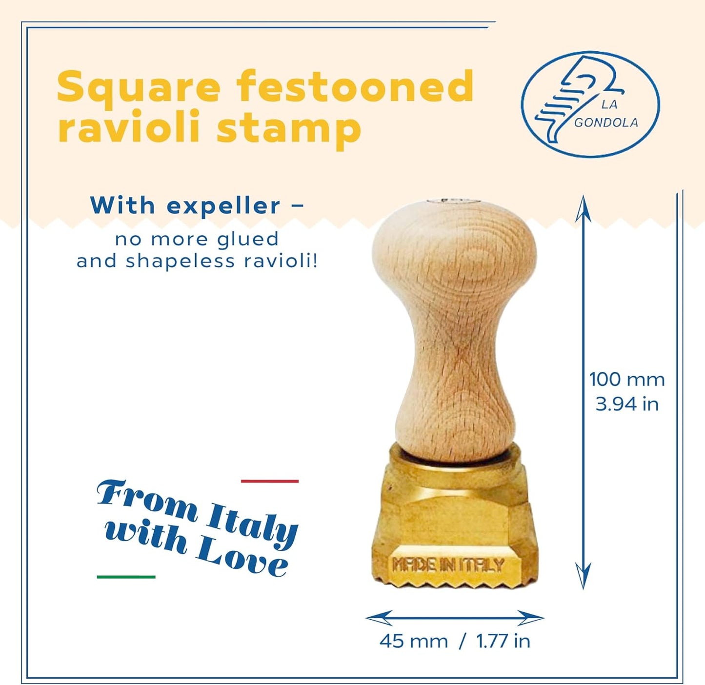 La Gondola Homemade Ravioli Stamp - Square Festooned 1.77x1.77in | Italian Pasta Making Tool for Home and Business | Brass & Natural Wood | Easy to Use Ravioli Stamp | Ravioli Cutter Made in Italy