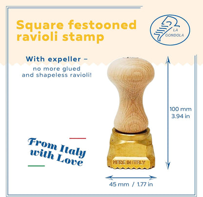 La Gondola Homemade Ravioli Stamp - Square Festooned 1.77x1.77in | Italian Pasta Making Tool for Home and Business | Brass & Natural Wood | Easy to Use Ravioli Stamp | Ravioli Cutter Made in Italy