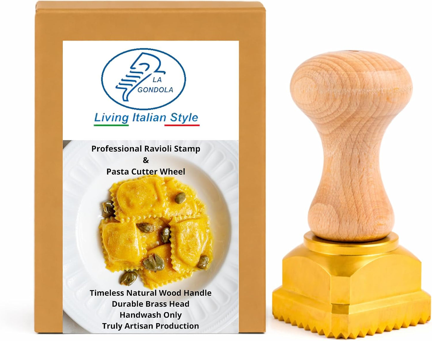 La Gondola Homemade Ravioli Stamp - Square Festooned 1.77x1.77in | Italian Pasta Making Tool for Home and Business | Brass & Natural Wood | Easy to Use Ravioli Stamp | Ravioli Cutter Made in Italy