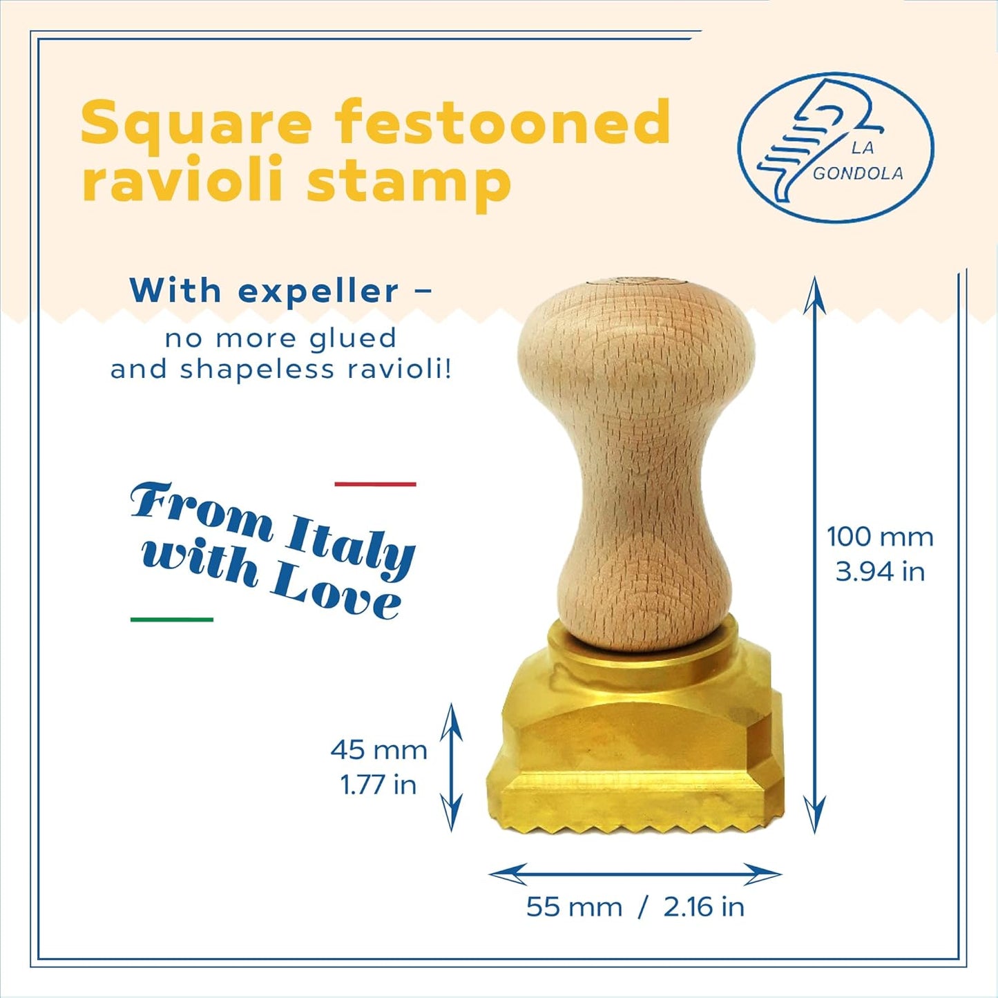 La Gondola Homemade Ravioli Stamp - Square Festooned 1.77x1.77in | Italian Pasta Making Tool for Home and Business | Brass & Natural Wood | Easy to Use Ravioli Stamp | Ravioli Cutter Made in Italy