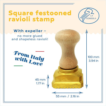 La Gondola Homemade Ravioli Stamp - Square Festooned 1.77x1.77in | Italian Pasta Making Tool for Home and Business | Brass & Natural Wood | Easy to Use Ravioli Stamp | Ravioli Cutter Made in Italy