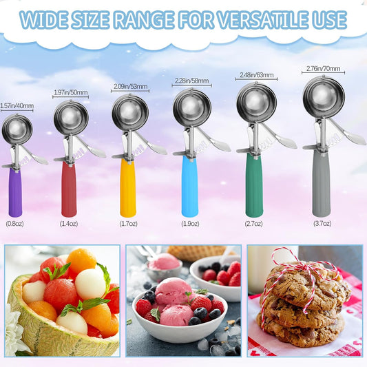 6 Pcs Ice Cream Scoops Stainless Steel Cookie Portion Scoop with Handle for Baking Food Cookie Dough Cupcake Batter (Multi Color,40mm to 70mm)