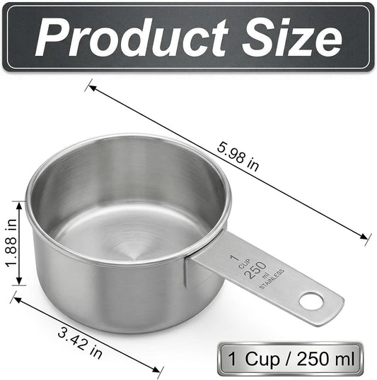 1 Cup Stainless Steel Measuring Cup, 250 ml Cooking Measure Scoop, 1 Cup Measure Cup Tablespoon with Handle for Dry and Wet Food, 250 ml Metal Coffee Scoop for Cooking Drinking Baking