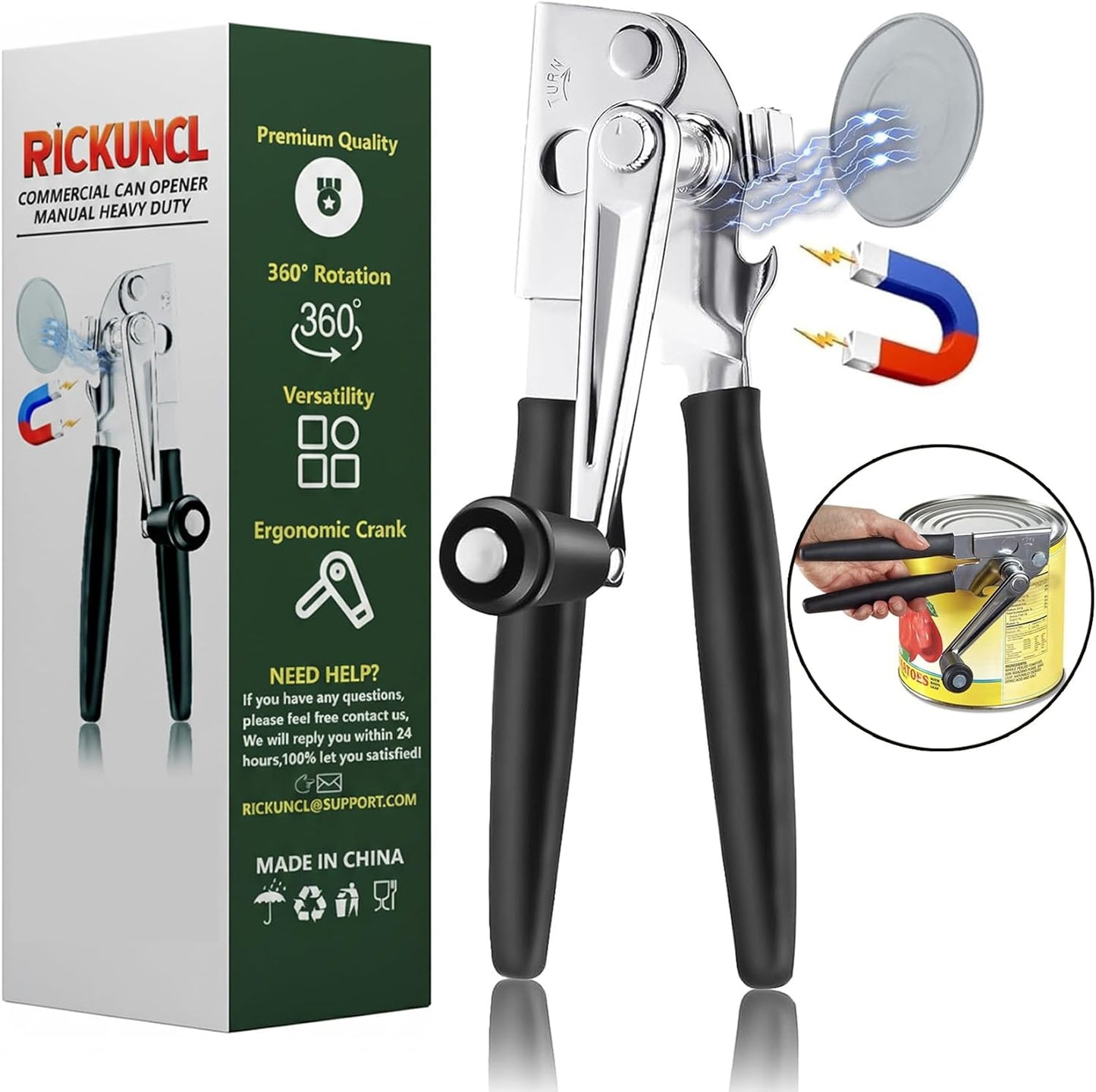 Commercial Can Opener Manual, Heavy Duty Can opener with Magnet, Stainless Steel Handheld Can Opener with Folding Easy Crank Handle Oversized Knob for Big Cans and All Size Cans