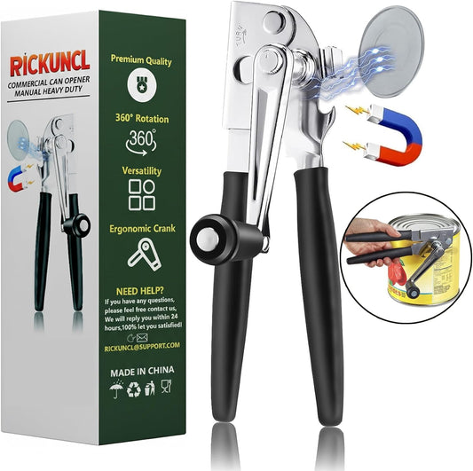 Commercial Can Opener Manual, Heavy Duty Can opener with Magnet, Stainless Steel Handheld Can Opener with Folding Easy Crank Handle Oversized Knob for Big Cans and All Size Cans