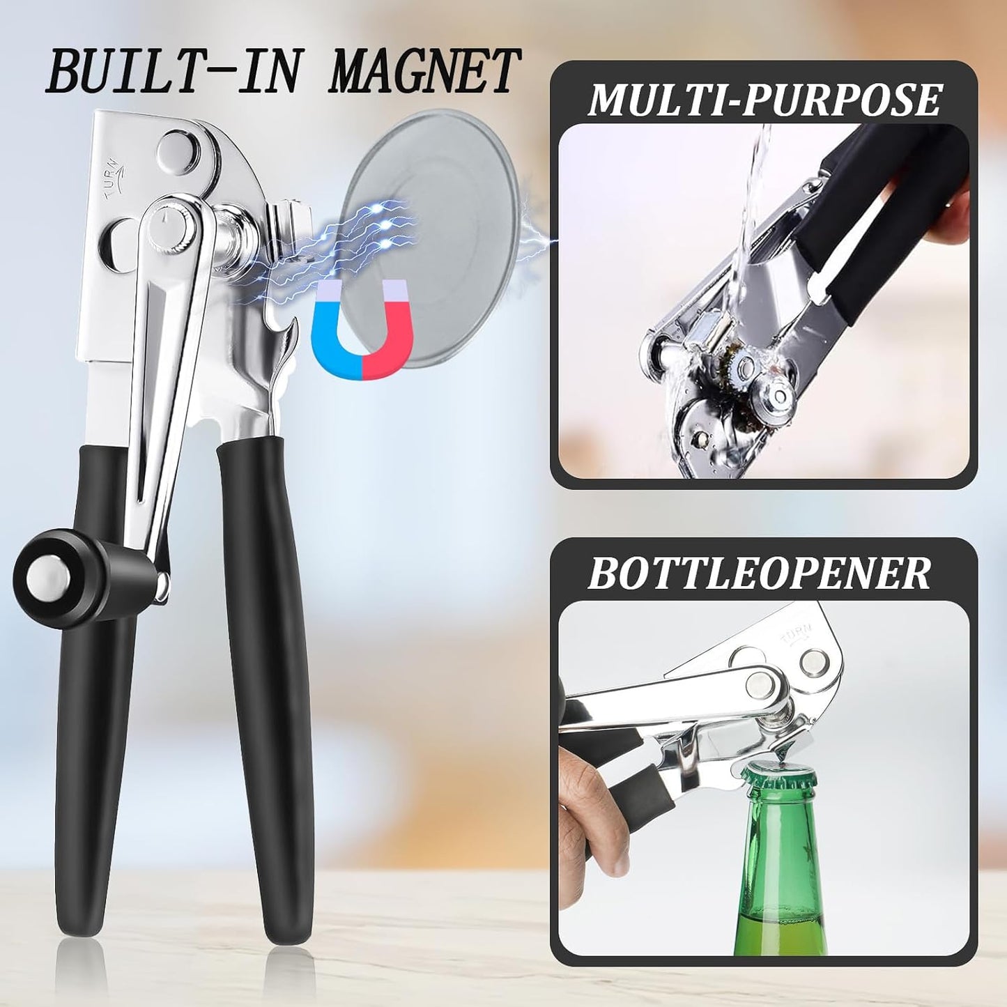 Commercial Can Opener Manual, Heavy Duty Can opener with Magnet, Stainless Steel Handheld Can Opener with Folding Easy Crank Handle Oversized Knob for Big Cans and All Size Cans
