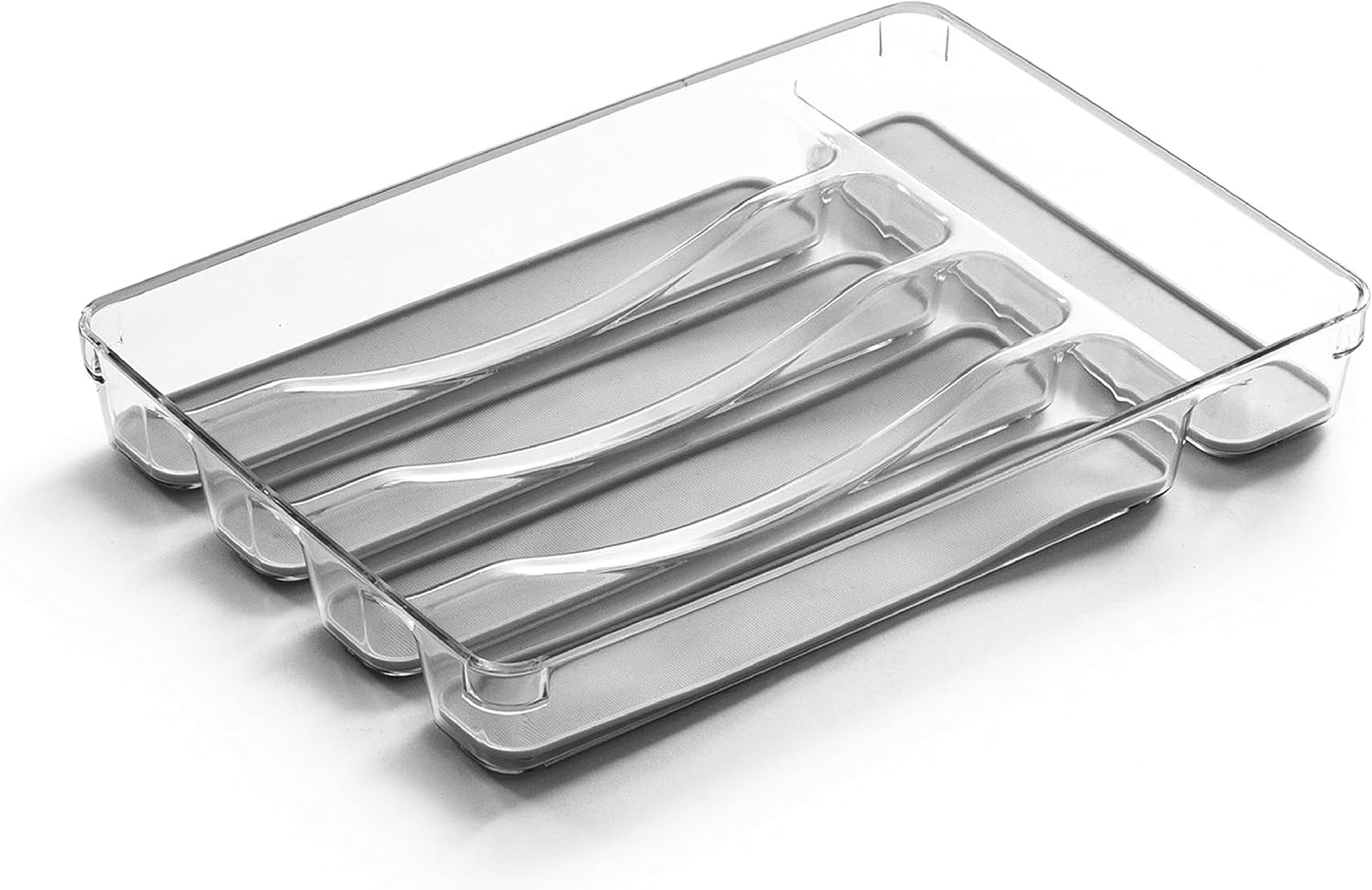 5-Slot Silverware Organizer for Drawer | Plastic Utensil Kitchen Drawers Tray Organization w/Grip Lining (Light Grey)