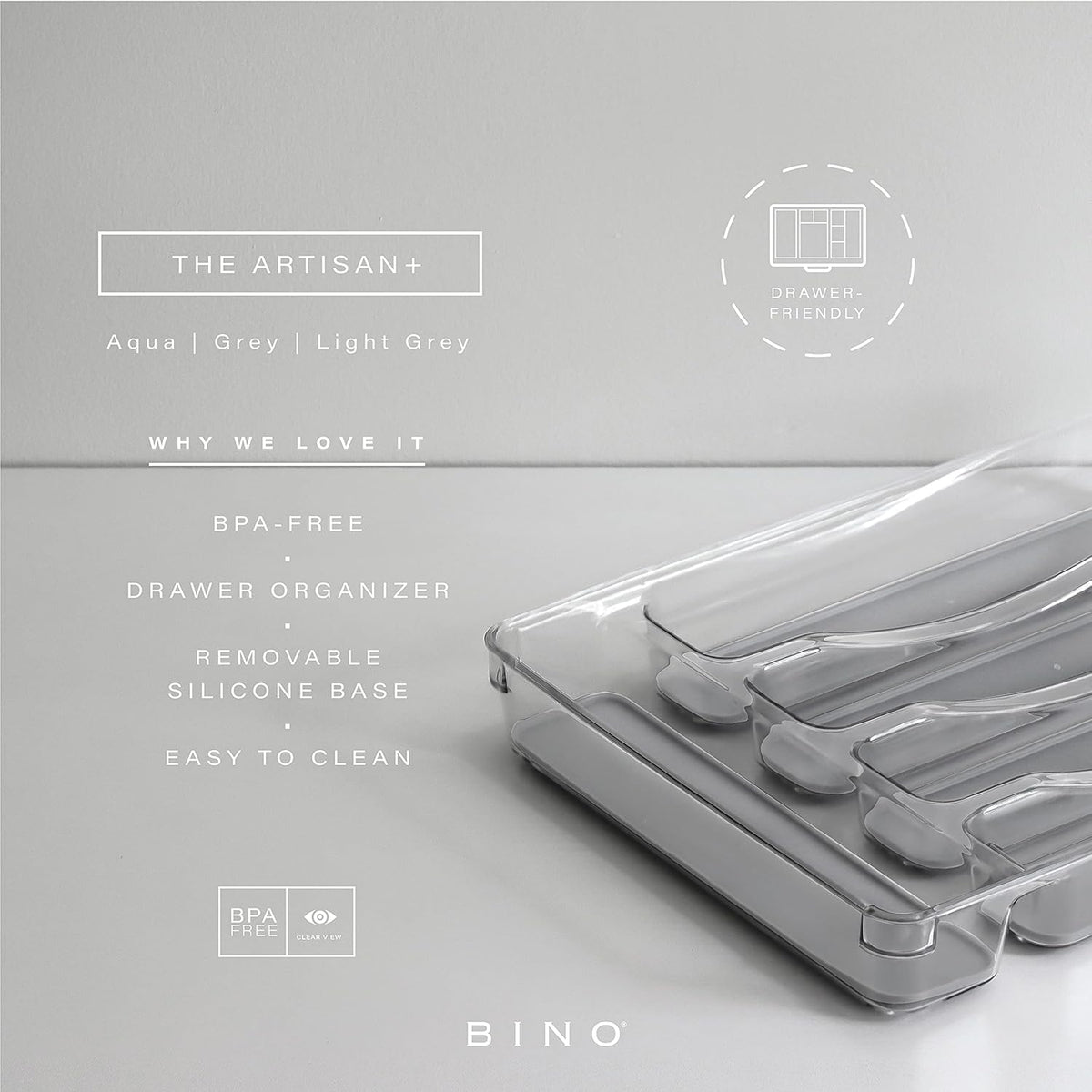 5-Slot Silverware Organizer for Drawer | Plastic Utensil Kitchen Drawers Tray Organization w/Grip Lining (Light Grey)
