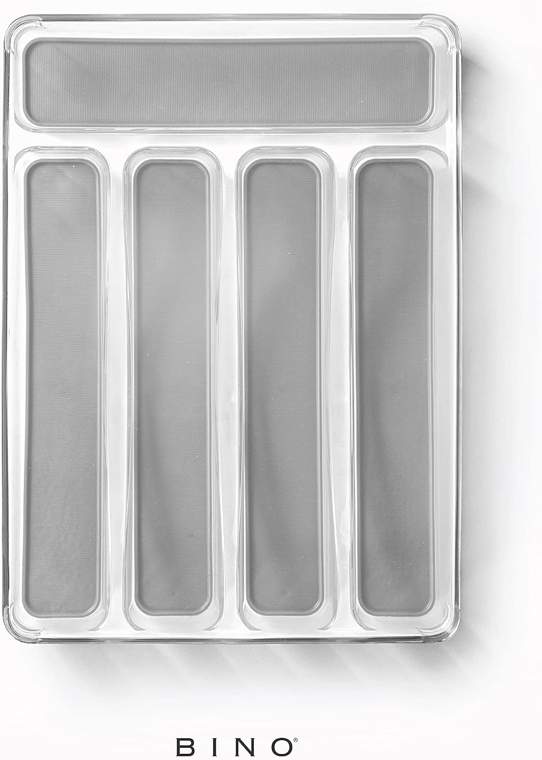 5-Slot Silverware Organizer for Drawer | Plastic Utensil Kitchen Drawers Tray Organization w/Grip Lining (Light Grey)