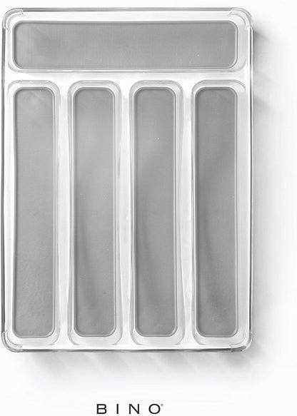 5-Slot Silverware Organizer for Drawer | Plastic Utensil Kitchen Drawers Tray Organization w/Grip Lining (Light Grey)