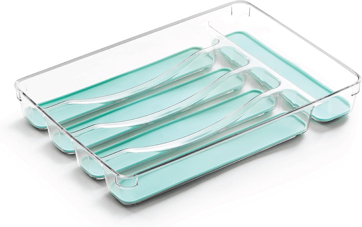 5-Slot Silverware Organizer for Drawer | Plastic Utensil Kitchen Drawers Tray Organization w/Grip Lining (Light Grey)
