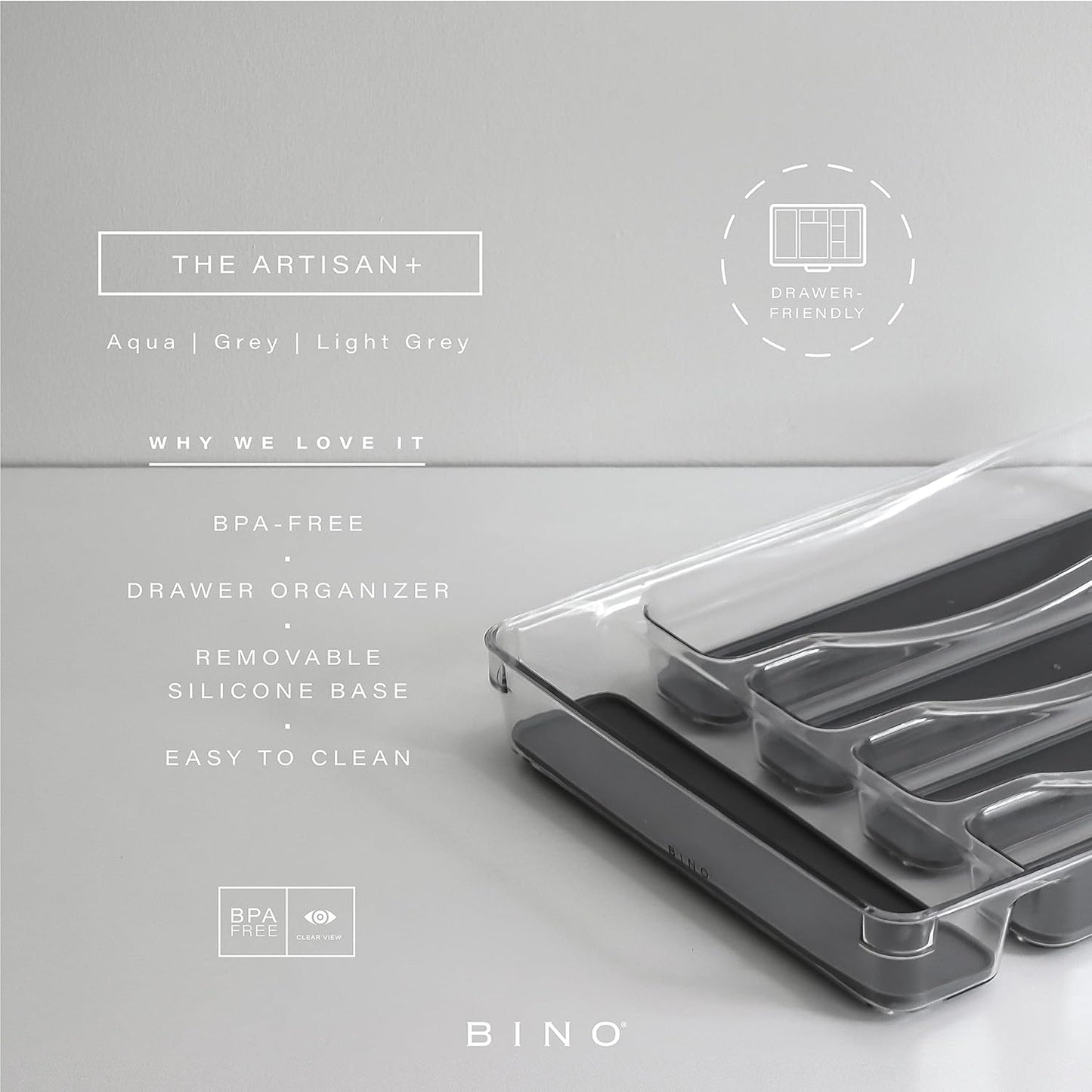 5-Slot Silverware Organizer for Drawer | Plastic Utensil Kitchen Drawers Tray Organization w/Grip Lining (Light Grey)