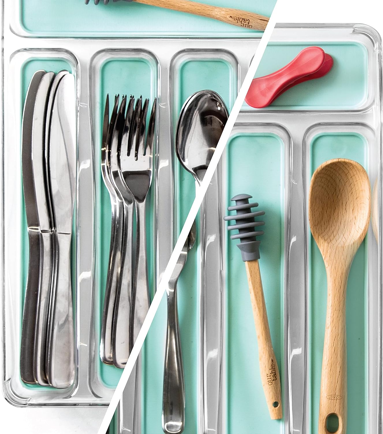 5-Slot Silverware Organizer for Drawer | Plastic Utensil Kitchen Drawers Tray Organization w/Grip Lining (Light Grey)