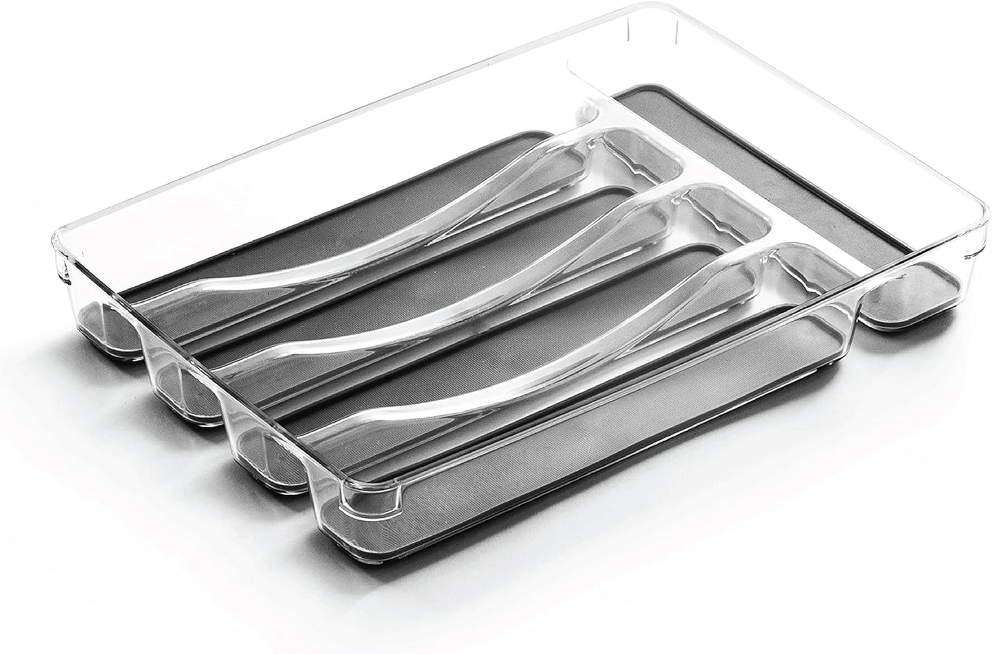 5-Slot Silverware Organizer for Drawer | Plastic Utensil Kitchen Drawers Tray Organization w/Grip Lining (Light Grey)