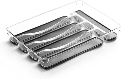 5-Slot Silverware Organizer for Drawer | Plastic Utensil Kitchen Drawers Tray Organization w/Grip Lining (Light Grey)