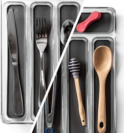 5-Slot Silverware Organizer for Drawer | Plastic Utensil Kitchen Drawers Tray Organization w/Grip Lining (Light Grey)