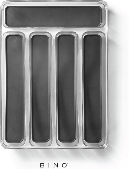 5-Slot Silverware Organizer for Drawer | Plastic Utensil Kitchen Drawers Tray Organization w/Grip Lining (Light Grey)