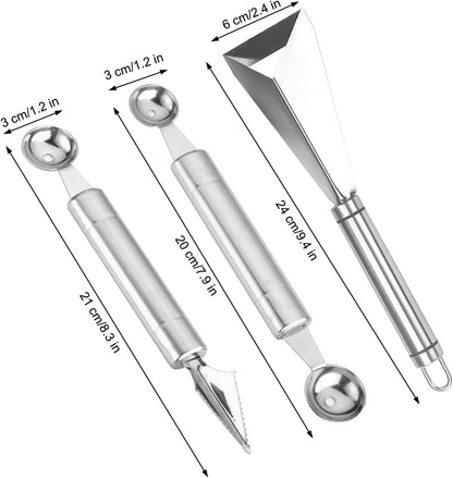 Fruit Carving Tools, Fruit Carving Knife Pack of 3, Stainless Steel Vegetable Carving Tools, Melon Baller Scoop DIY Carving Knives for Home Kitchen