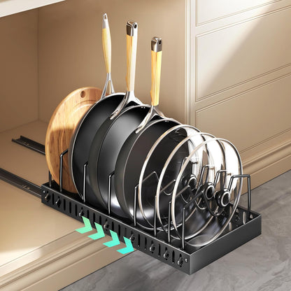 Lozovin Pull Out Pots and Pans Organizer Under Cabinet, Sliding Lid Holder and Pan Rack in Kitchen, Slide Out Inside Cabinet Storage for Pot Lid, Bakeware, Dishes, 8 Adjustable Dividers, 2 Pack Black