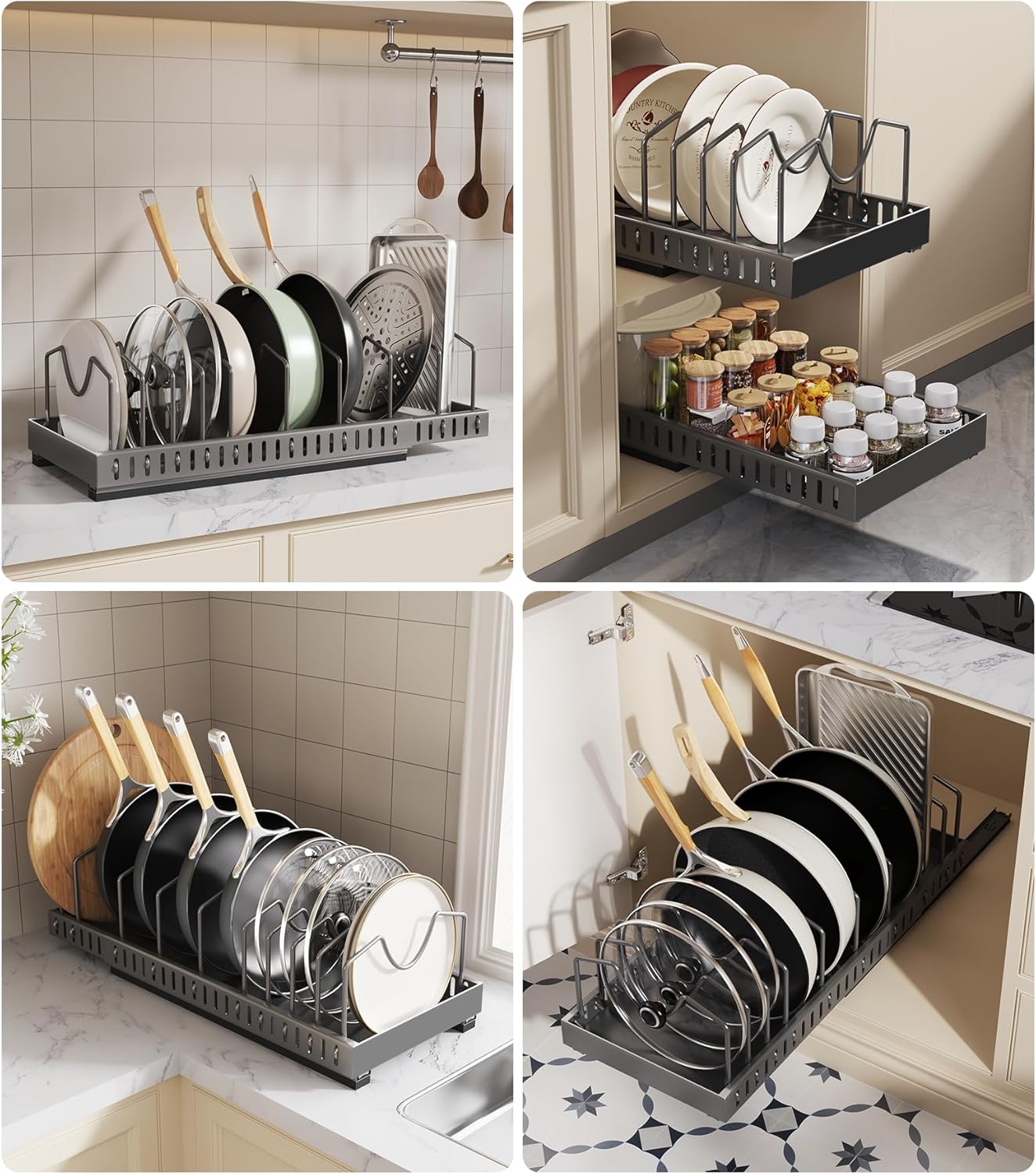 Lozovin Pull Out Pots and Pans Organizer Under Cabinet, Sliding Lid Holder and Pan Rack in Kitchen, Slide Out Inside Cabinet Storage for Pot Lid, Bakeware, Dishes, 8 Adjustable Dividers, 2 Pack Black