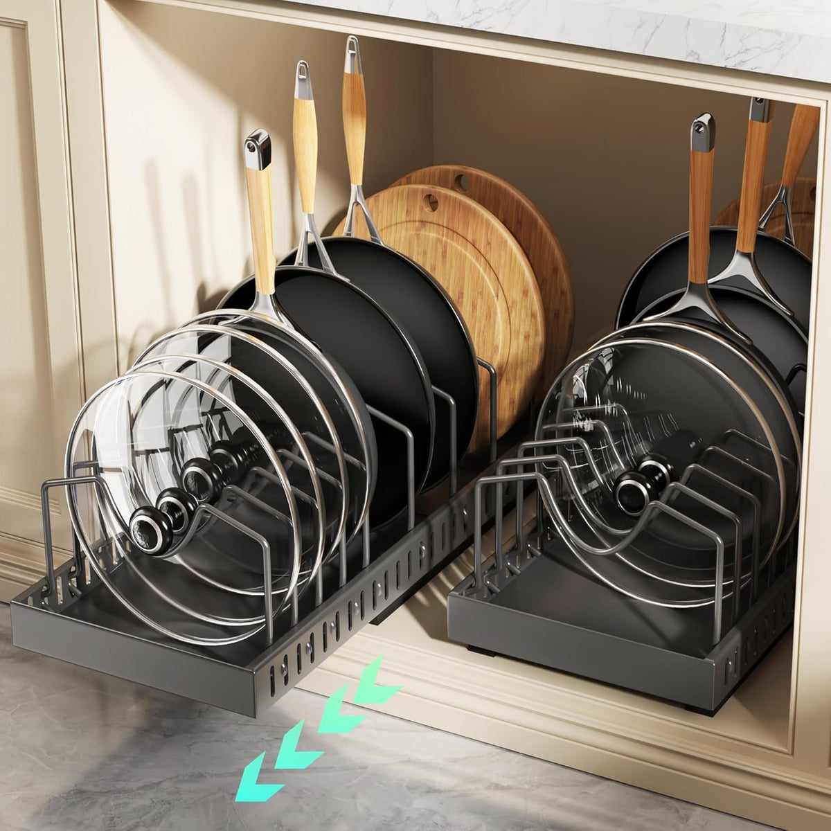 Lozovin Pull Out Pots and Pans Organizer Under Cabinet, Sliding Lid Holder and Pan Rack in Kitchen, Slide Out Inside Cabinet Storage for Pot Lid, Bakeware, Dishes, 8 Adjustable Dividers, 2 Pack Black