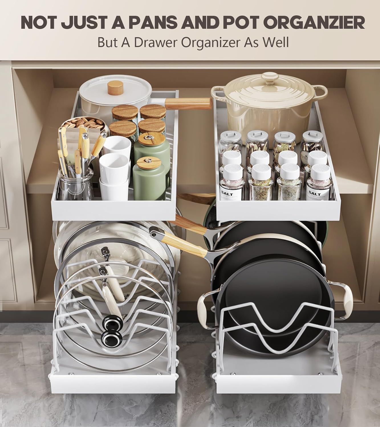 Lozovin Pull Out Pots and Pans Organizer Under Cabinet, Sliding Lid Holder and Pan Rack in Kitchen, Slide Out Inside Cabinet Storage for Pot Lid, Bakeware, Dishes, 8 Adjustable Dividers, 2 Pack Black