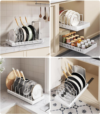 Lozovin Pull Out Pots and Pans Organizer Under Cabinet, Sliding Lid Holder and Pan Rack in Kitchen, Slide Out Inside Cabinet Storage for Pot Lid, Bakeware, Dishes, 8 Adjustable Dividers, 2 Pack Black
