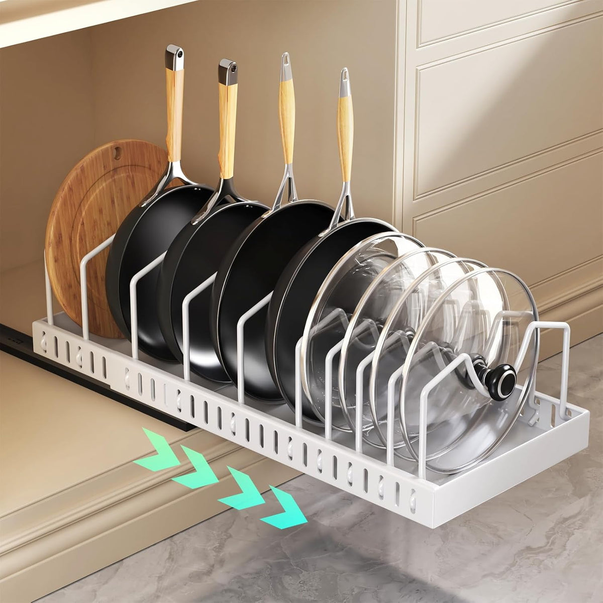 Lozovin Pull Out Pots and Pans Organizer Under Cabinet, Sliding Lid Holder and Pan Rack in Kitchen, Slide Out Inside Cabinet Storage for Pot Lid, Bakeware, Dishes, 8 Adjustable Dividers, 2 Pack Black